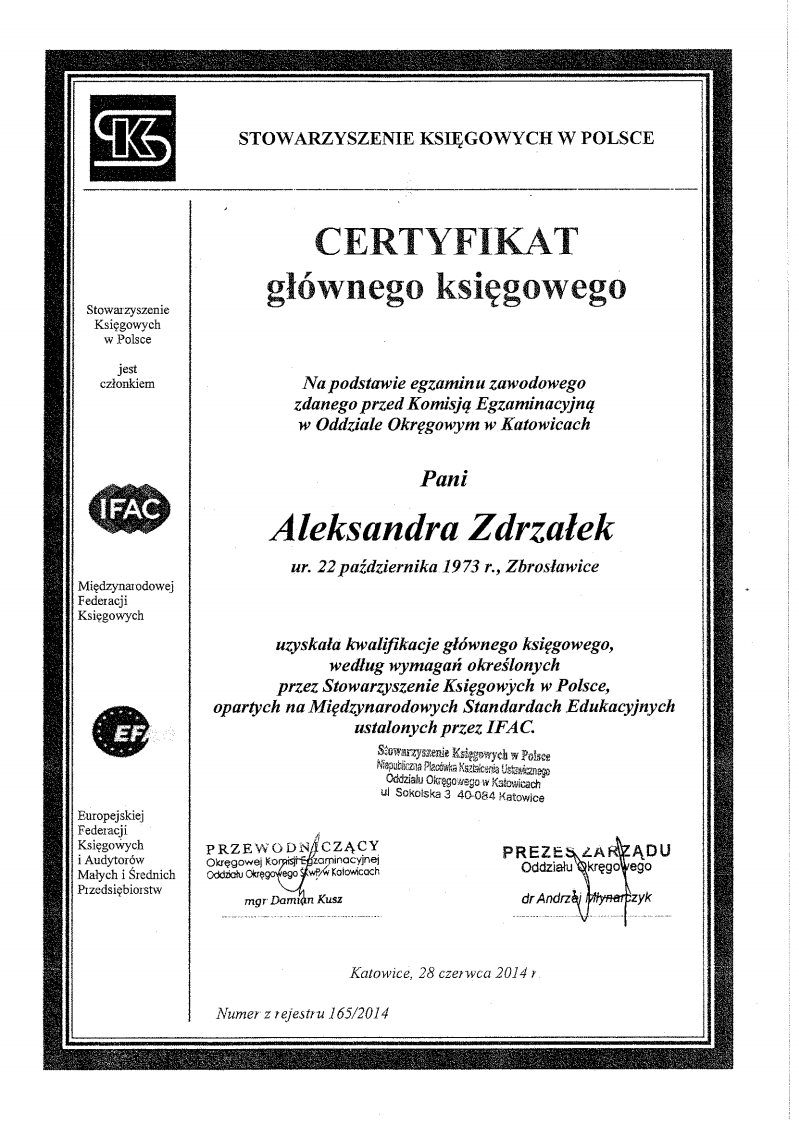 Certyfikat Głównego Księgowego SKwP III stopień certyfikacji