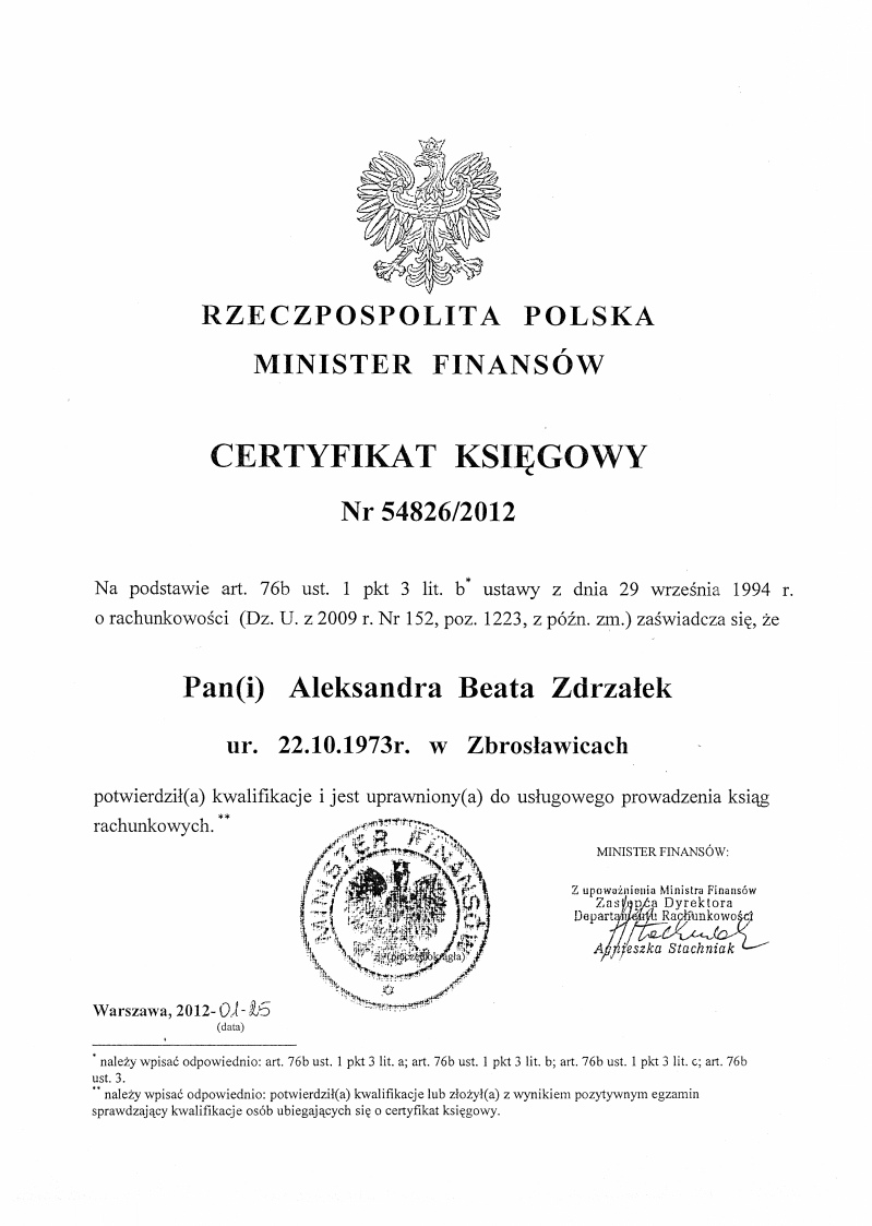 Certyfikat księgowy nr 54826/2012 - Aleksandra Zdrzałek